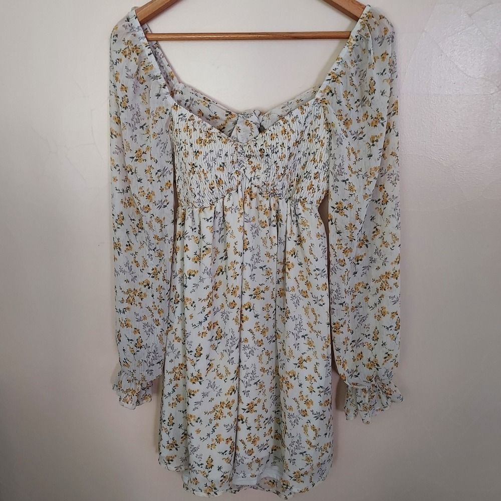 Thirty Thirty LA Floral Smocked Tie Back Mini Dress White Yellow M Prairie Fairy